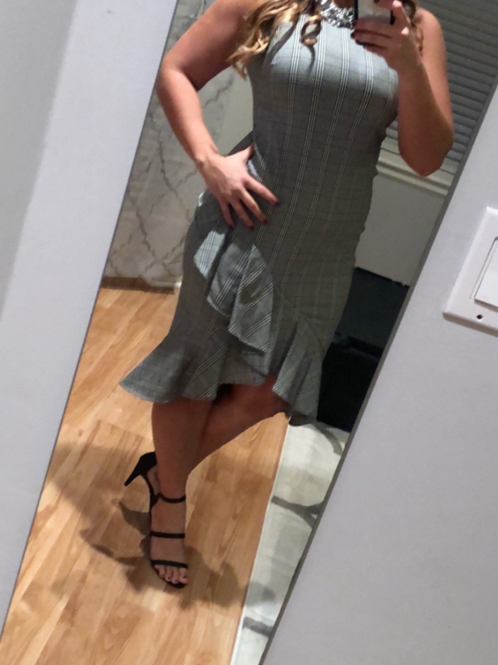 Calvin Klein Black and White Plaid Asymmetrical Ruffle Dress